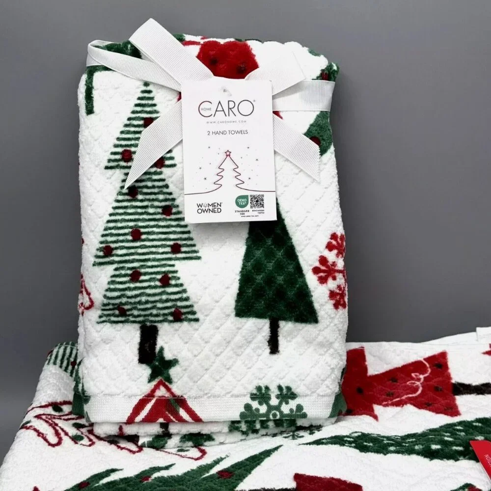 4pc Caro Christmas Tree Snowflake 2 Bath 2 Hand Towel Set Green Red White Cotton